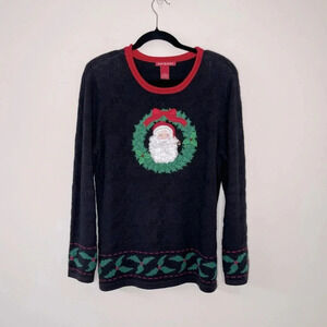 VTG Y2K 80’s Santa Christmas Sweater with Embroidered Wreath 3D Santa and Bell